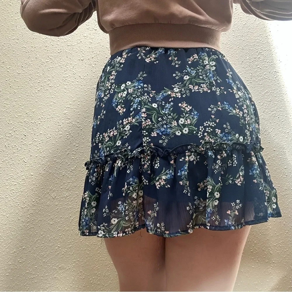 Mi Ami Feminine Ruffle Blue Floral Stretch Comfort Waistband Skirt Large - Picture 3 of 9